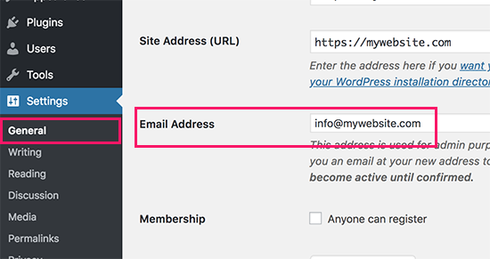 thay đổi WordPress site admin email